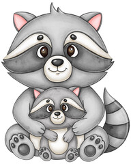Cute baby raccoon with his mommy