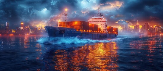 Obraz premium Cargo Ship Sailing Through a City at Night
