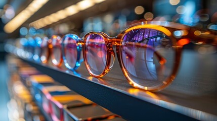 Eyeglasses on a shelf in a store. Close up