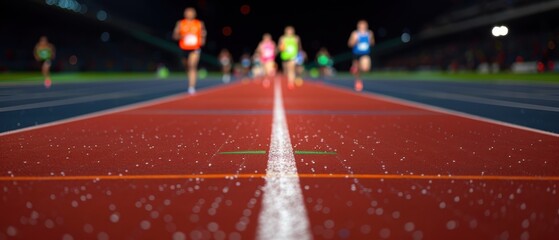 Runners competing in a race on a well-lit track, with a focus on the track surface, highlighting the lane lines and the intensity of the competition.