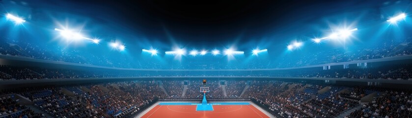 Panoramic view of a brightly lit indoor stadium filled with spectators during a live sports event, capturing the energy and excitement of the moment.