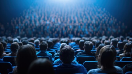 Blurred view of a large audience seated in a theater, watching a performance or presentation under dramatic lighting.