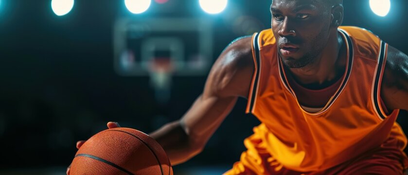 Close-up action shot of a basketball player in an orange jersey dribbling the ball during an intense game on a professional court.