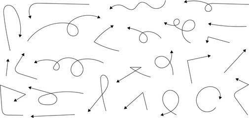 Hand drawn arrows. Hand drawn freehand different curved lines, swirls arrows. Curved arrow line. Doodle, sketch style. Isolated Vector illustration.