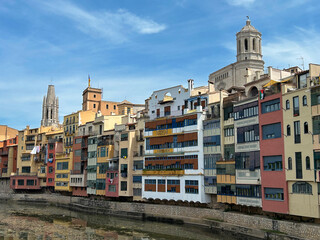 View of the old houses, river and cathedral on a summer day. Gerona. Spain.