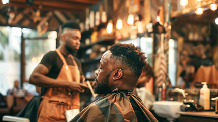 Black customers receive a haircut from barbers at a Black owned Barbershop