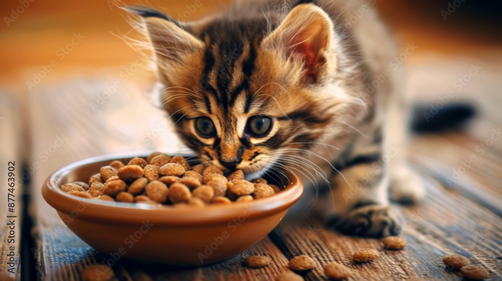Aufkleber chubby kitten with a fluffy tail gobbling up a bowl of nutritious kitten food.