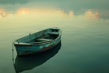 Obraz premium Serene Abandoned Rowboat on Calm Waters at Sunset