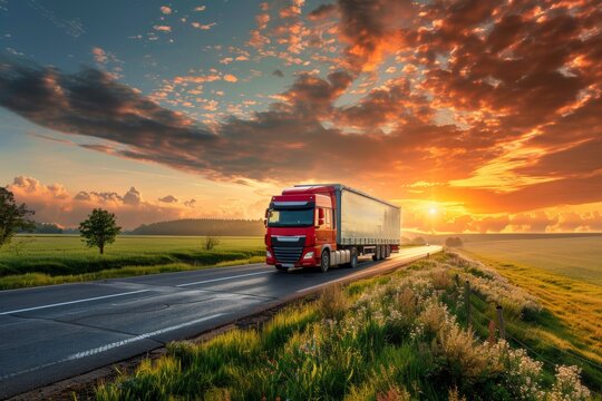 In the peaceful countryside, a truck makes its way along a rural road against the backdrop of a vibrant sunset. Capture the idyllic charm of rural life