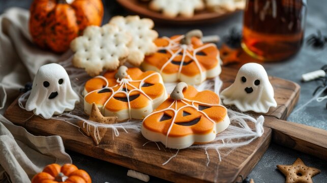festive halloween charcuterie board, a festive halloween charcuterie board idea with pumpkin cheese, spiderweb crackers, and ghost marshmallows arranged on a wooden board