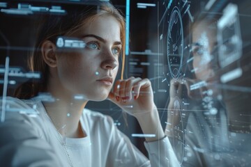 With a thoughtful expression, a woman interacts with a futuristic AI interface, surrounded by wireframe elements, highlighting the convergence of human creativity and technological innovation.