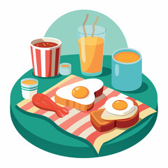 An egg, bacon, and toast breakfast table. against a white backdrop