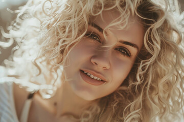 A close-up portrait of a smiling woman with curly blonde hair, bathed in warm sunlight, exuding happiness and natural beauty.