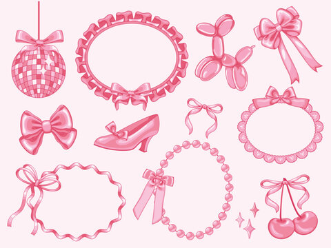 Coquette decorative elements. Girly bows on Y2k ruffled ribbon frame, pump shoe, disco ball and pink cherry. Girl party accessories vintage vector illustration. Shiny pink satin gift bow collection