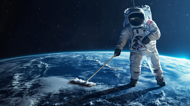 Astronaut in spacesuit mops Earth from space, clean planet concept, ecology