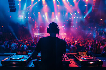 Back view of a DJ playing music on a rave party at the club