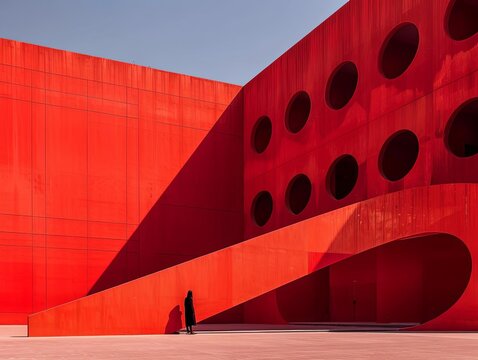 Modern Red Architecture with Circular Windows and Minimalist Design - Powered by Adobe
