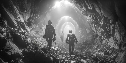 Deep Underground: Vintage Miners in Tunnel, generative ai
