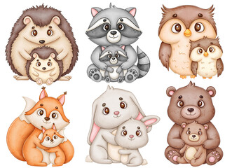 Woodland animals and their babies clipart