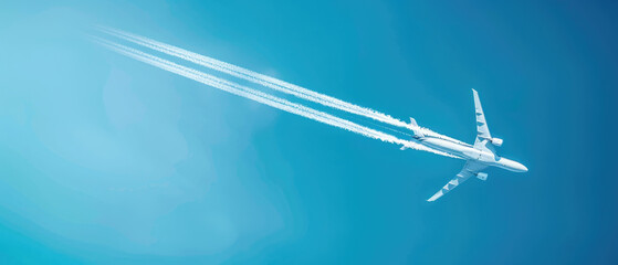 A white airplane is flying through the sky and airplane with white condensation tracks
