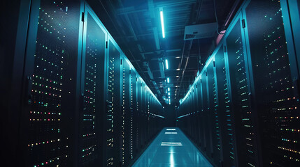 Big data center technology warehouse with rows of illuminated servers, light trails effect Generated AI