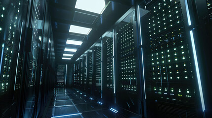Big data center technology warehouse with rows of illuminated servers, light trails effect Generated AI