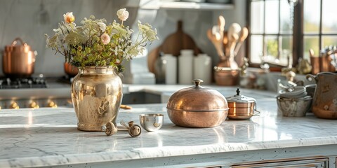 Romantic French Country Kitchen Island with Vintage Cookware, generative ai