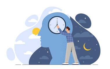 Man with circadian rhythm concept. Young guy with watch in his hands. Healthy lifestyle and proper daily routine. Quality sleep and dream. Poster or banner. Cartoon vector illustration