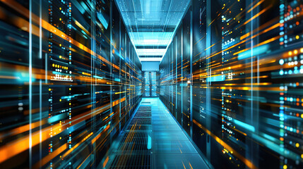 Big data center technology warehouse with rows of illuminated servers, light trails effect Generated AI