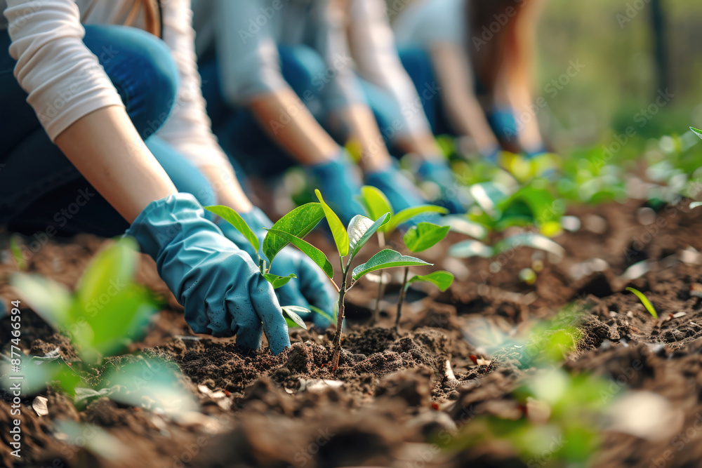 Wall mural group of people planting trees in the ground. sustainable ecology concept.