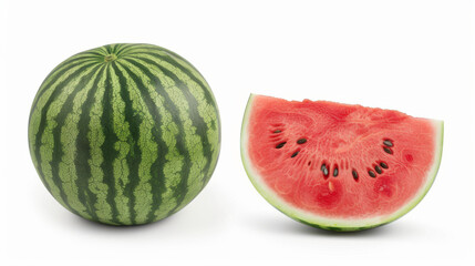 Striped watermelon and halved watermelon isolated on a white background with a clipping path.