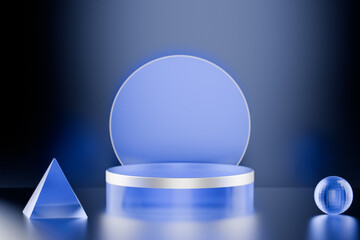 Abstract geometric pedestal. Circle, a pyramid and a sphere on a reflective blue surface. 3d rendering