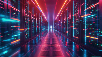 Big data center technology warehouse with rows of illuminated servers, light trails effect Generated AI