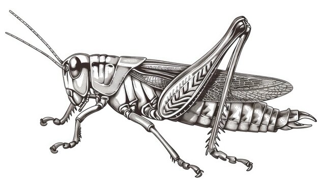 recommend clip art: Detailed black and white illustration of a grasshopper, showcasing its intricate anatomy and structured wings in a side profile view.