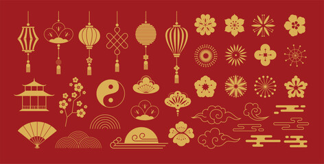 Chinese traditional ornaments. Asian lanterns, cherry blossoms, yin yang symbol, lotus flowers, pagoda and clouds, oriental lantern and fan. New Year festive decorations vector golden silhouette set.