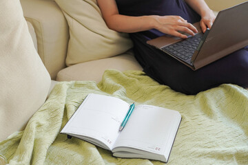 Fototapeta premium 家のソファーに座って、ノートパソコンで仕事をする若いビジネスウーマン