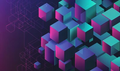 Abstract 3D Cubes with Neon Colors on Dark Geometric Background