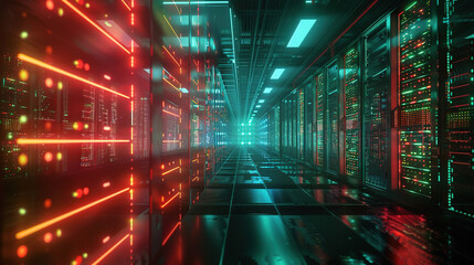 Big data center technology warehouse with rows of illuminated servers, light trails effect Generated AI