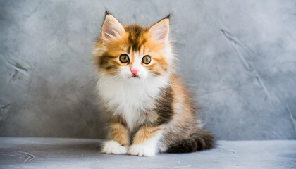little fluffy kitten on a gray background, nice little kitten looking with big eyes