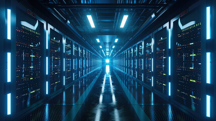 Big data center technology warehouse with rows of illuminated servers, light trails effect Generated AI