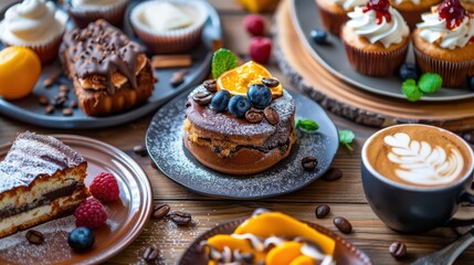 Creative composition with coffee and desserts on a wooden table. Appetizing dishes, aesthetic arrangement, warm tones.