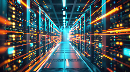 Big data center technology warehouse with rows of illuminated servers, light trails effect Generated AI