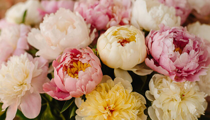 Beautyfull background with pink colorful peonies.Elegant bouquet of a lot of peonies of pink color close up.