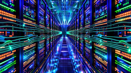 Big data center technology warehouse with rows of illuminated servers, light trails effect Generated AI