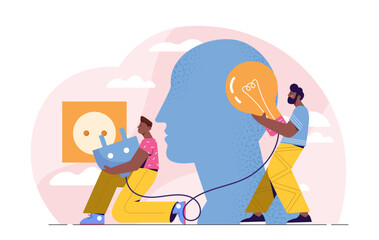 Light bulb in head. Men turn on lamp in silhouette of head. Business training and coaching. Brainstorming and insight. Idea for start up. Cartoon vector illustration isolated on white background