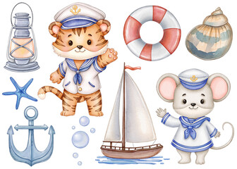 Animals sailors and nautical clipart set