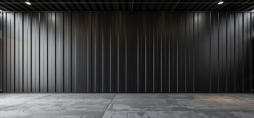 empty space with a clean black cargo container wall and a sleek concrete floor, providing a modern and minimalist product display background. 