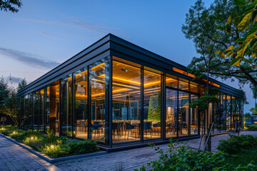 Obraz premium A contemporary glass-walled restaurant lit warmly at dusk, surrounded by lush greenery, exuding elegance and an inviting atmosphere.