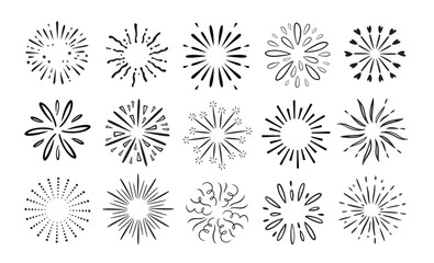 Doodle fireworks. Decorative sunburst rays, hand drawn radial sparkles celebration firework bursts. Water splash explosion, confetti and round spray vector set. Starburst cartoon isolated decoration.