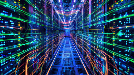 Big data center technology warehouse with rows of illuminated servers, light trails effect Generated AI
